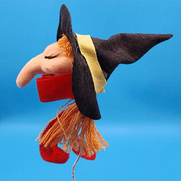 Vintage Flocked Wicked Witch Head Pick Yellow Trim & Red Ribbon Made in Taiwan - Picture 6 of 9